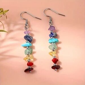 Multi Natural Raw GemStone Drop Earrings Crystal Dangle Amethyst Quartz Onyx